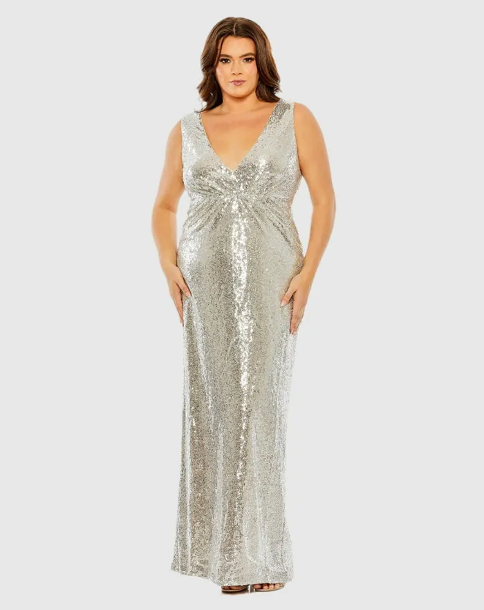 Plus Size Dresses Sequin Vneck Back Cutout Gown Nude Silver Mac Duggal Women