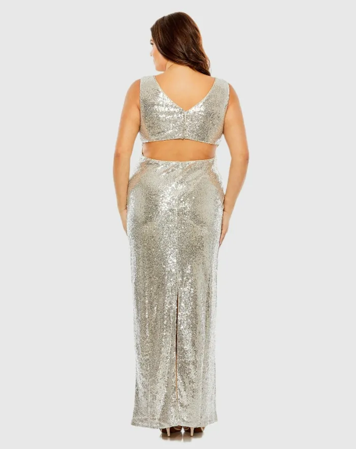 Plus Size Dresses Sequin Vneck Back Cutout Gown Nude Silver Mac Duggal Women Plus Size Dresses Sequin Vneck Back Cutout Gown Nude Silver Mac Duggal Women
