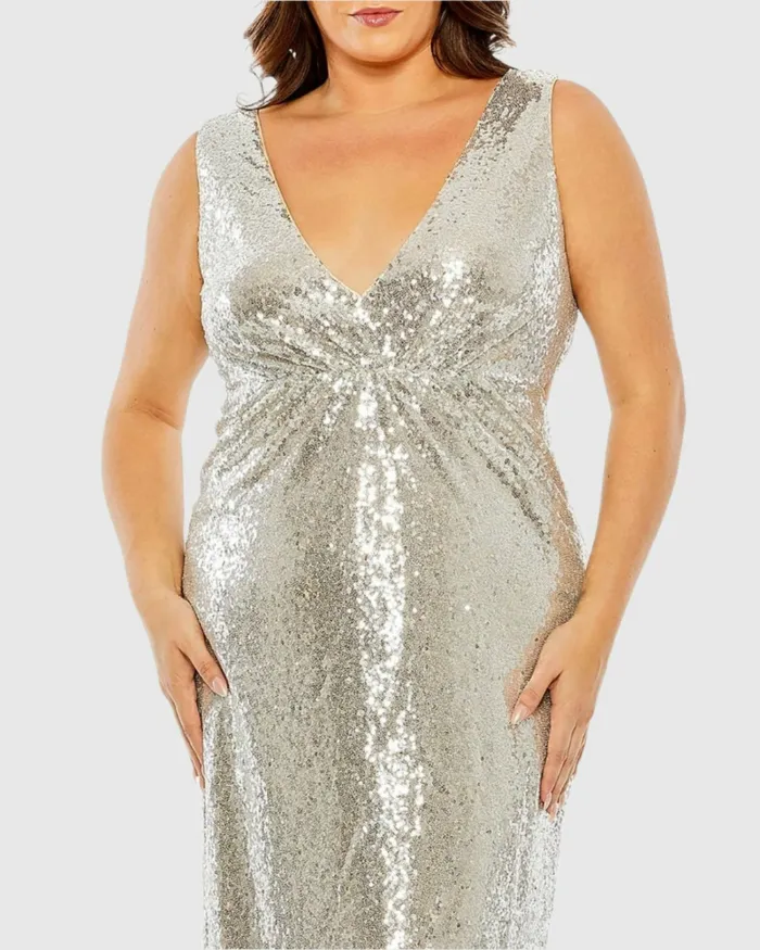 Plus Size Dresses Sequin Vneck Back Cutout Gown Nude Silver Mac Duggal Women Plus Size Dresses Sequin Vneck Back Cutout Gown Nude Silver Mac Duggal Women