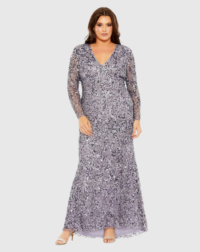 Plus Size Dresses V Neck Embellished Long Sleeve Dress Vintage Lilac 8211 Mac Duggal Women