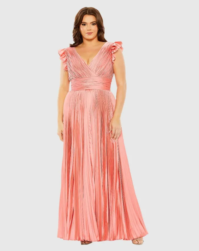 Plus Size Dresses Women Mac Duggal Flutter Sleeve Pleated VNeck Dress Coral