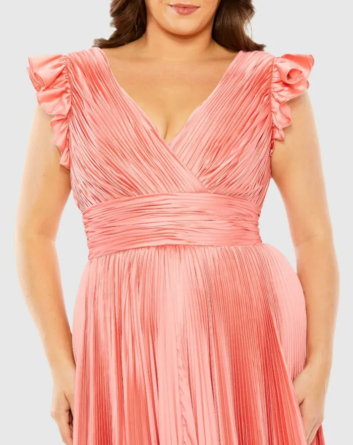Plus Size Dresses Women Mac Duggal Flutter Sleeve Pleated VNeck Dress Coral Plus Size Dresses Women Mac Duggal Flutter Sleeve Pleated VNeck Dress Coral