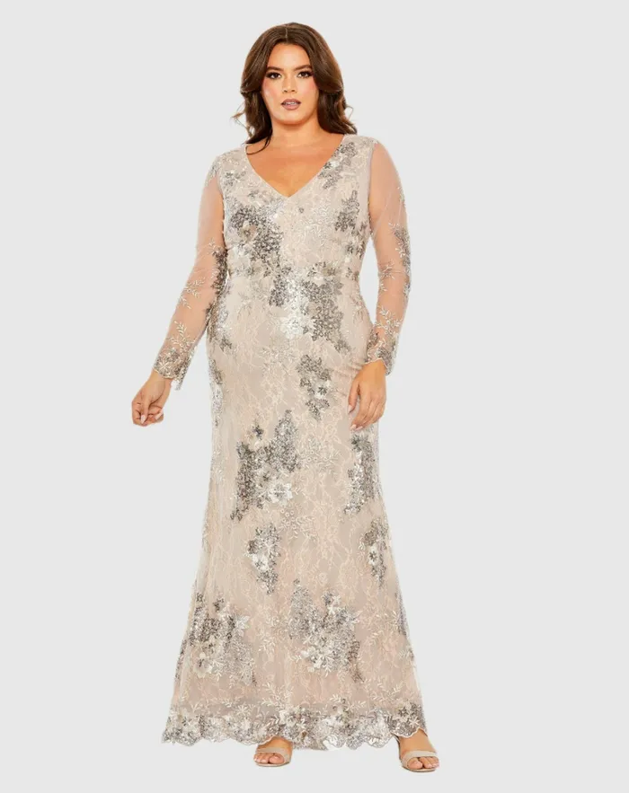 Plus Size Dresses Women Mac Duggal V Neck Mesh Long Sleeve Embroidered Plus Size Dress Taupe