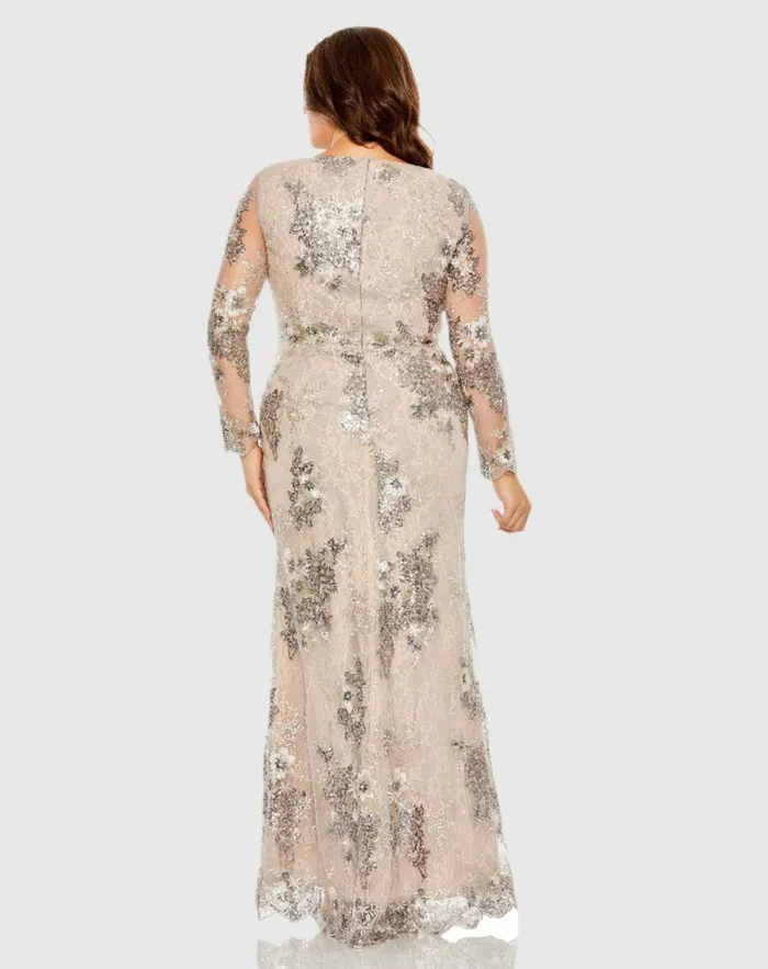Plus Size Dresses Women Mac Duggal V Neck Mesh Long Sleeve Embroidered Plus Size Dress Taupe Plus Size Dresses Women Mac Duggal V Neck Mesh Long Sleeve Embroidered Plus Size Dress Taupe