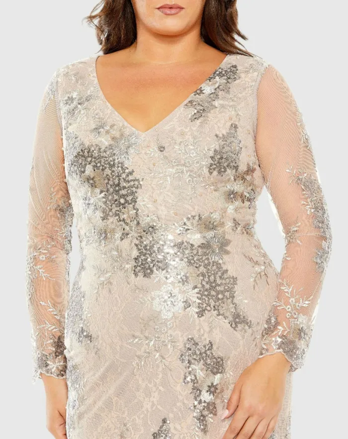 Plus Size Dresses Women Mac Duggal V Neck Mesh Long Sleeve Embroidered Plus Size Dress Taupe Plus Size Dresses Women Mac Duggal V Neck Mesh Long Sleeve Embroidered Plus Size Dress Taupe