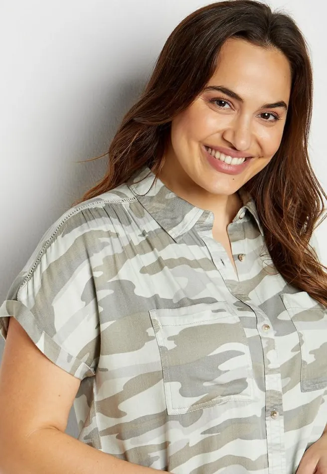 Plus Size Green Camo Short Sleeve Utility Button Down Shirt Women Maurices Plus Tops