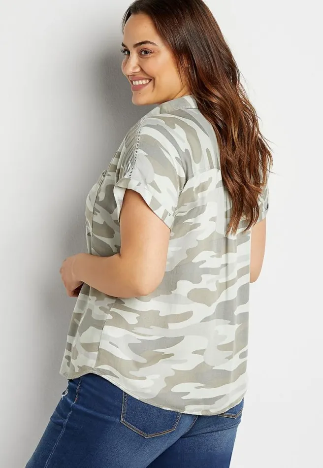 Plus Size Green Camo Short Sleeve Utility Button Down Shirt Women Maurices Plus Tops