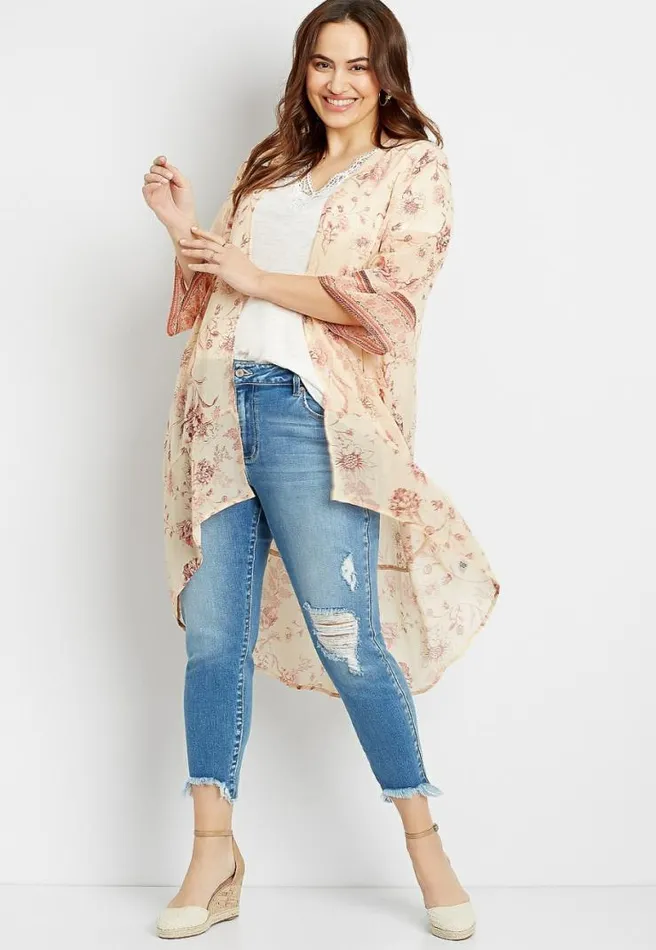 Plus Size Light Pink Floral Bell Sleeve Kimono Women Maurices Plus Tops