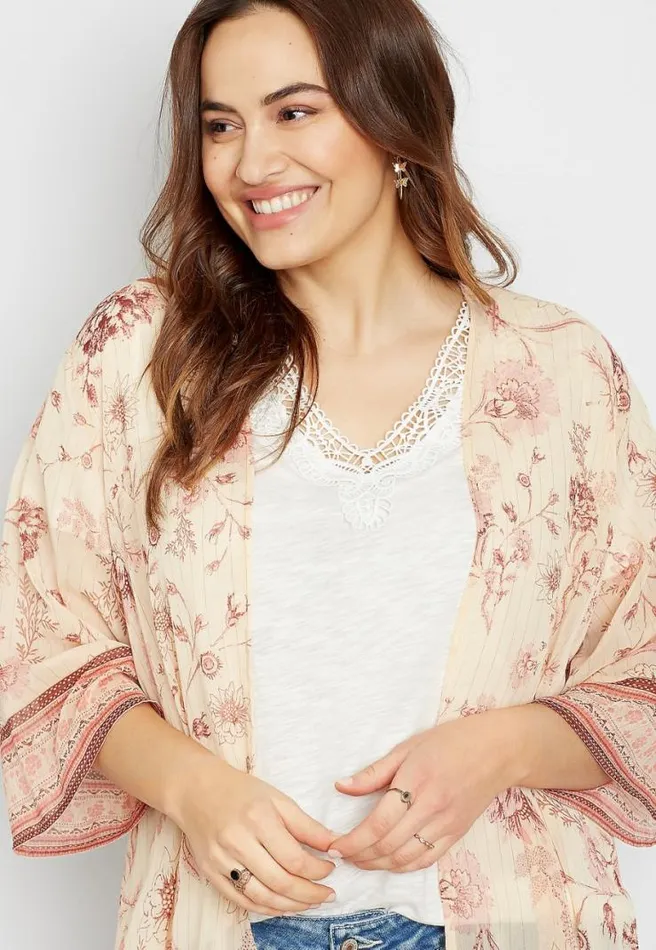 Plus Size Light Pink Floral Bell Sleeve Kimono Women Maurices Plus Tops