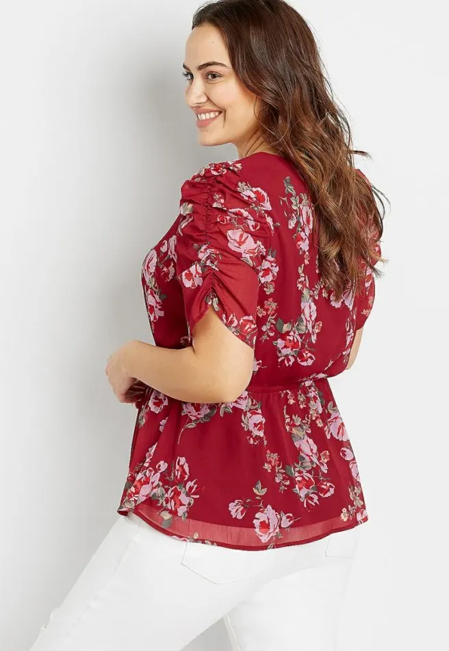 Plus Size Red Floral Mesh Ruched Sleeve Top Women Maurices Plus Tops