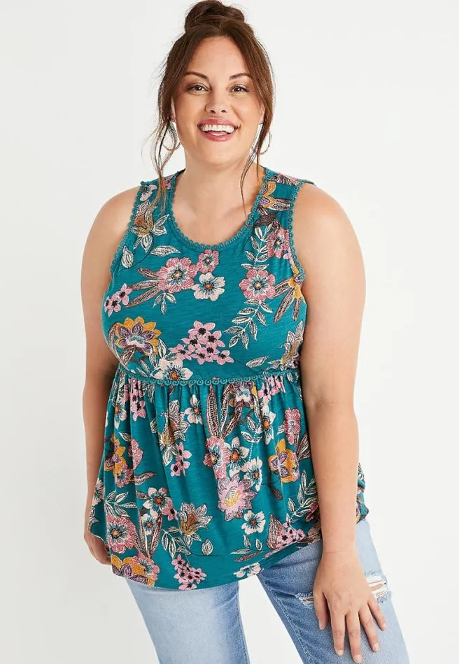 Plus Size Teal Floral Eyelet Trim Tank Top Women Maurices Plus Tops