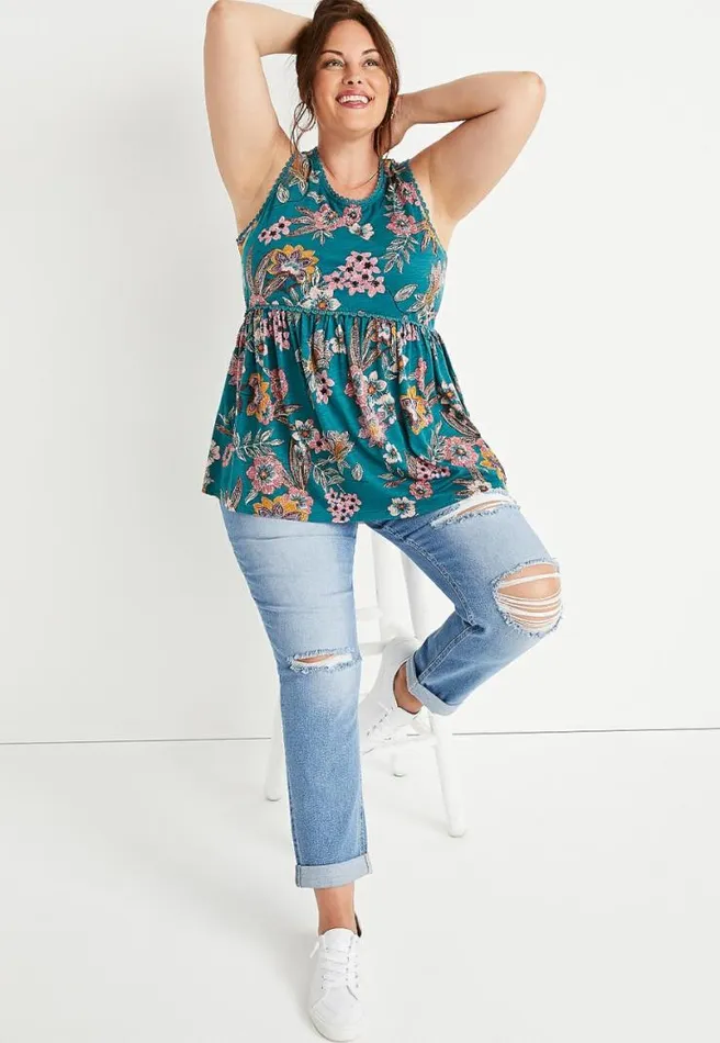 Plus Size Teal Floral Eyelet Trim Tank Top Women Maurices Plus Tops