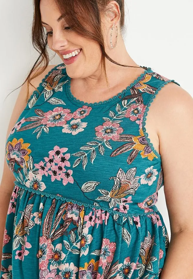 Plus Size Teal Floral Eyelet Trim Tank Top Women Maurices Plus Tops