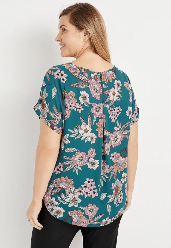 Plus Size Teal Floral Zipper Back Blouse Women Maurices Plus Tops