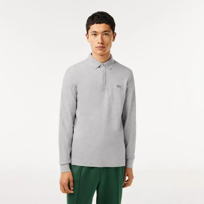 Polos Men Lacoste Men039s Smart Paris Long Sleeve Stretch Cotton Polo Grey Chine Cca
