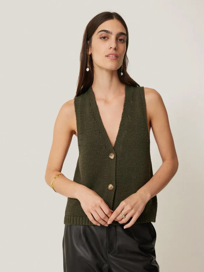Pure Cotton Knitted Waistcoat Khaki Women Jigsaw Knitwear and Cashmere