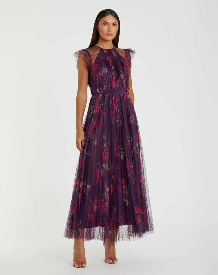 Purple Floral Flutter Sleeve Midi Dress Plum Multi Daytime Dresses Mac Duggal Women