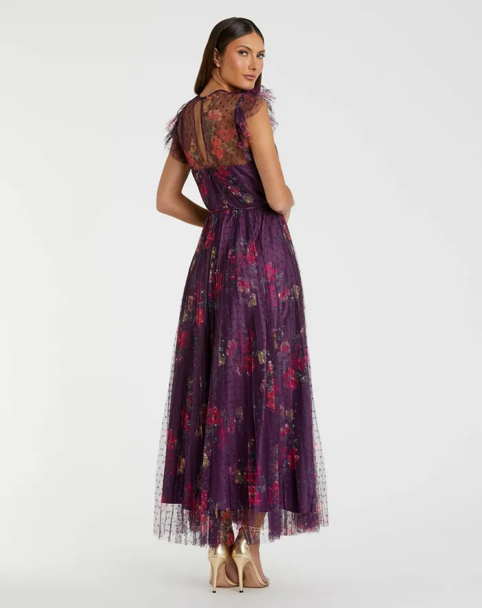 Purple Floral Flutter Sleeve Midi Dress Plum Multi Daytime Dresses Mac Duggal Women