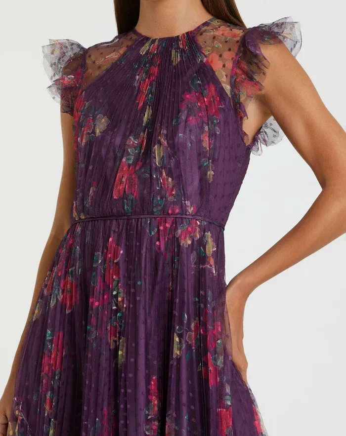 Purple Floral Flutter Sleeve Midi Dress Plum Multi Daytime Dresses Mac Duggal Women