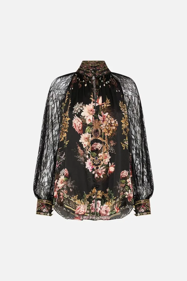 RAGLAN BUTTON UP SHIRT WITH LACE AT SLEEVE DYNASTY DAZE Dynasty Daze Womens Camilla Blouses and Shirts
