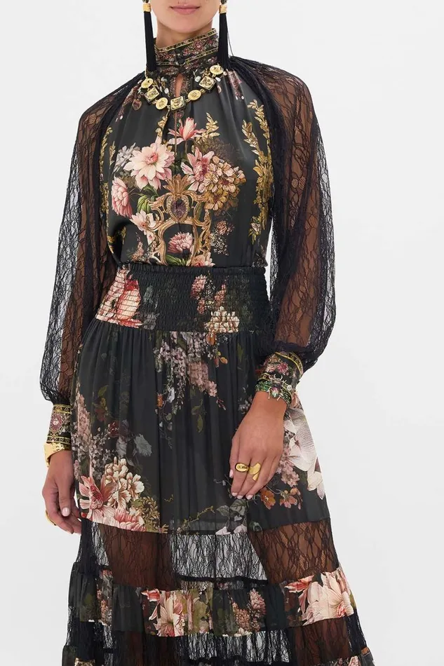 RAGLAN BUTTON UP SHIRT WITH LACE AT SLEEVE DYNASTY DAZE Dynasty Daze Womens Camilla Blouses and Shirts