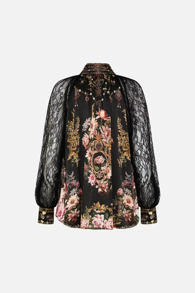 RAGLAN BUTTON UP SHIRT WITH LACE AT SLEEVE DYNASTY DAZE Dynasty Daze Womens Camilla Blouses and Shirts