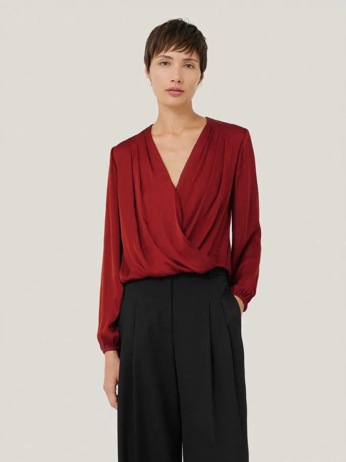 Recycled Satin Drape Wrap Top Red Women Jigsaw Shirts and Tops