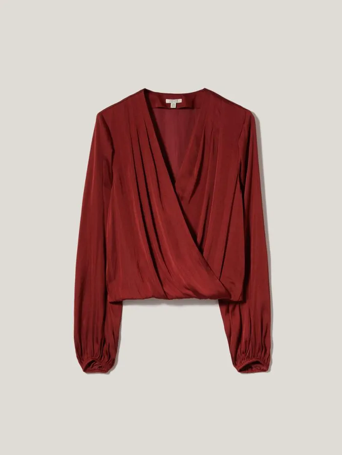 Recycled Satin Drape Wrap Top Red Women Jigsaw Shirts and Tops