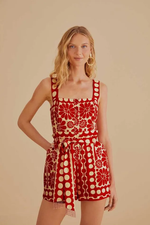 Red Palermo Sleeveless Romper Women FARM Rio Rompers