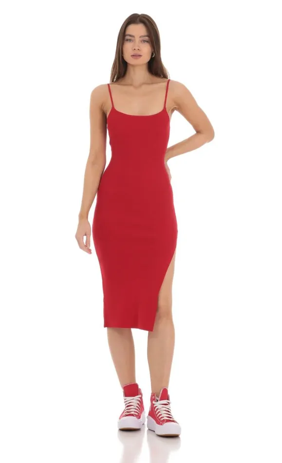 Ribbed Bodycon Midi Dress Red Women LUCY IN THE SKY Midi Dresses