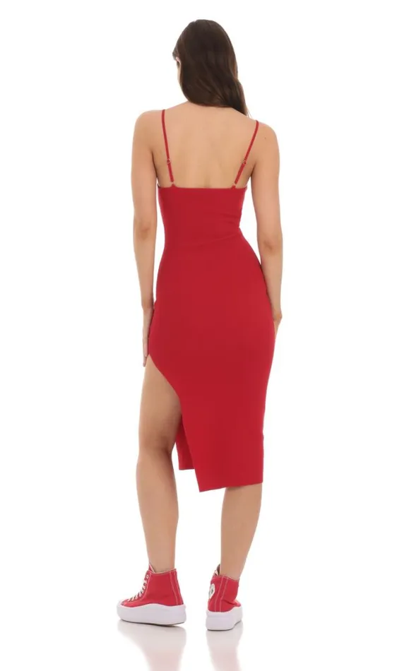 Ribbed Bodycon Midi Dress Red Women LUCY IN THE SKY Midi Dresses Ribbed Bodycon Midi Dress Red Women LUCY IN THE SKY Midi Dresses