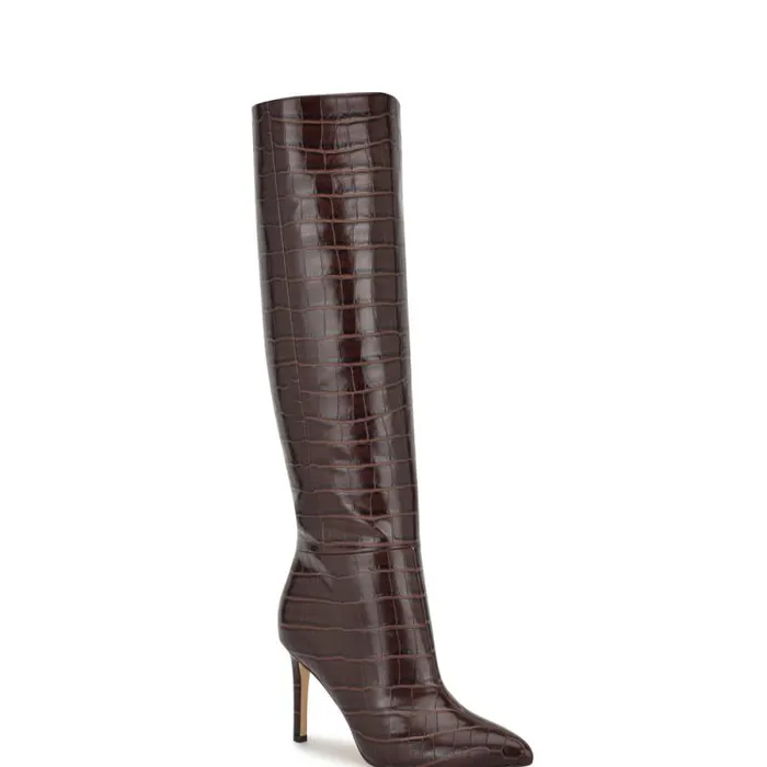 Richy Wide Calf Heeled Boots Brown Croco Women Nine West Heels Richy Wide Calf Heeled Boots Brown Croco Women Nine West Heels