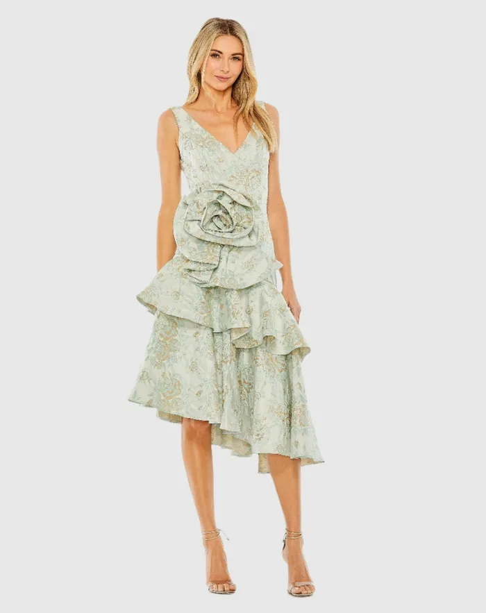 Rose Detail Asymmetrical Brocade Dress French Blue Cocktail Dresses Mac Duggal Women
