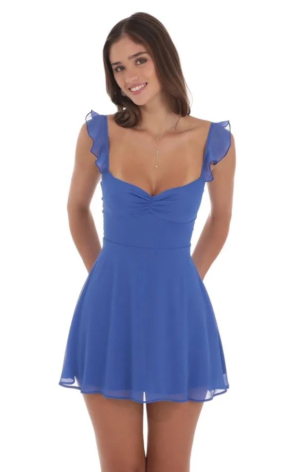 Ruffle Strap ALine Dress Blue Women LUCY IN THE SKY Mini Dresses