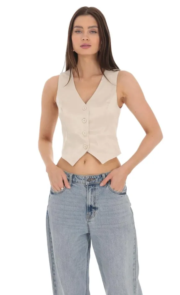 Satin Button Vest Top Cream Women LUCY IN THE SKY Tops