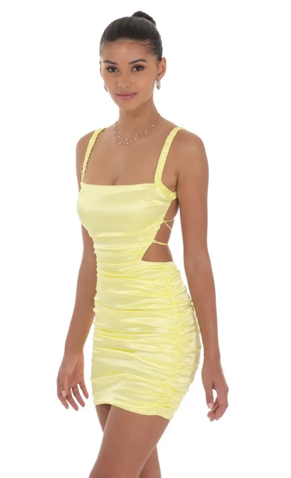 Satin Cutout Bodycon Dress Yellow Women LUCY IN THE SKY Mini Dresses