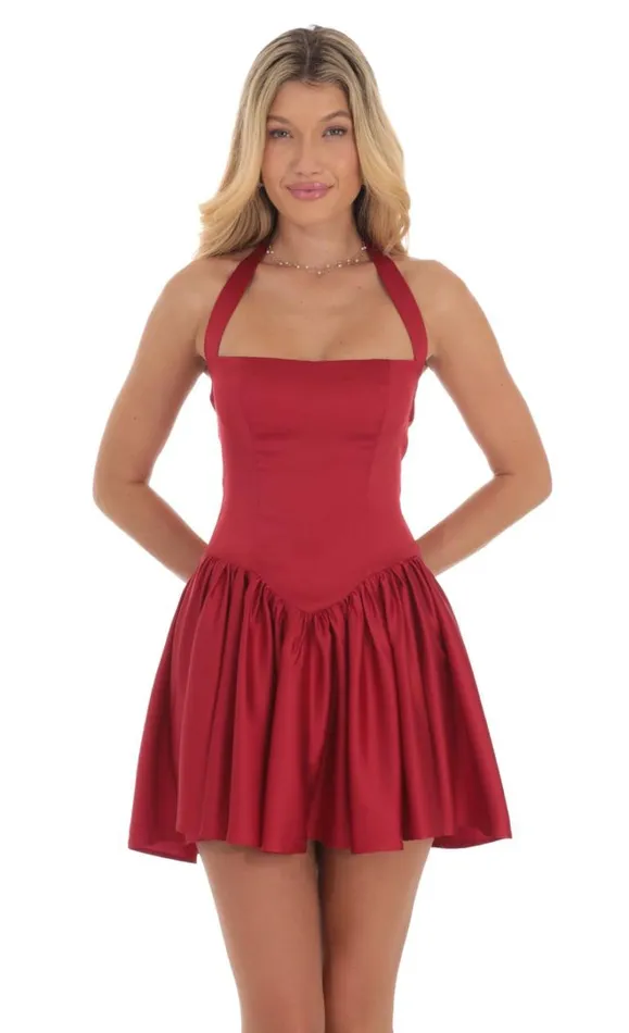 Satin Halter Aline Dress Red Women LUCY IN THE SKY Mini Dresses