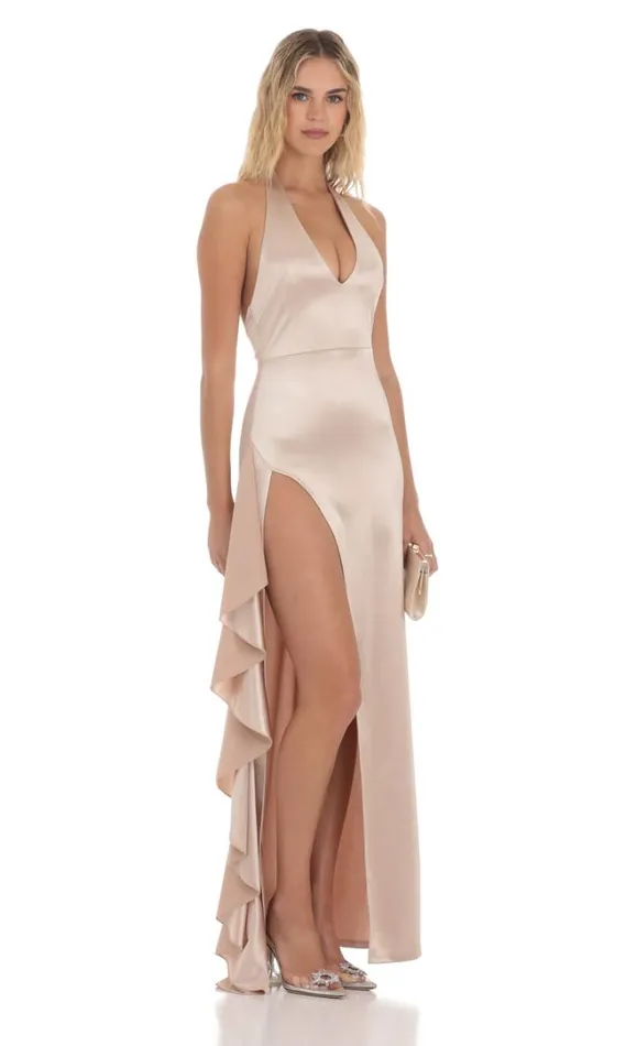 Satin Plunge Neck Halter Maxi Dress Champagne Women LUCY IN THE SKY Maxi Dresses