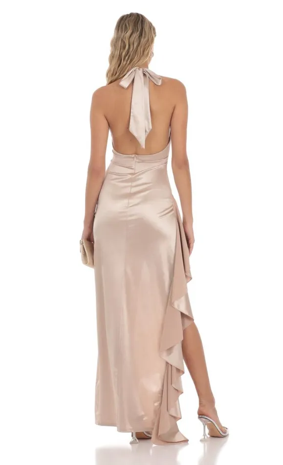Satin Plunge Neck Halter Maxi Dress Champagne Women LUCY IN THE SKY Maxi Dresses Satin Plunge Neck Halter Maxi Dress Champagne Women LUCY IN THE SKY Maxi Dresses