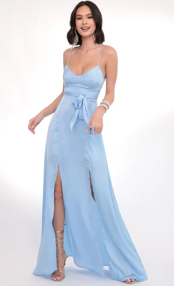 Satin Tie Maxi Sky Blue Women LUCY IN THE SKY Maxi Dresses