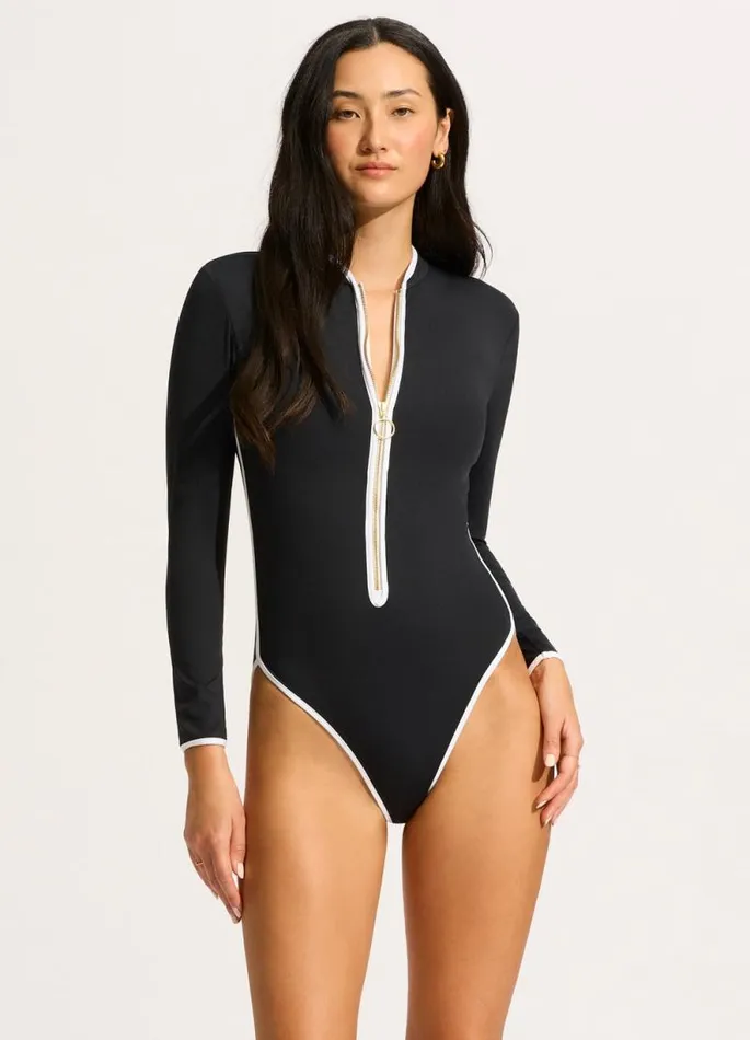 Seafolly Black One Pieces Women Seafolly Collective LongSleeve Zip Front One Piece 8211 Black Seafolly Black One Pieces Women Seafolly Collective LongSleeve Zip Front One Piece 8211 Black