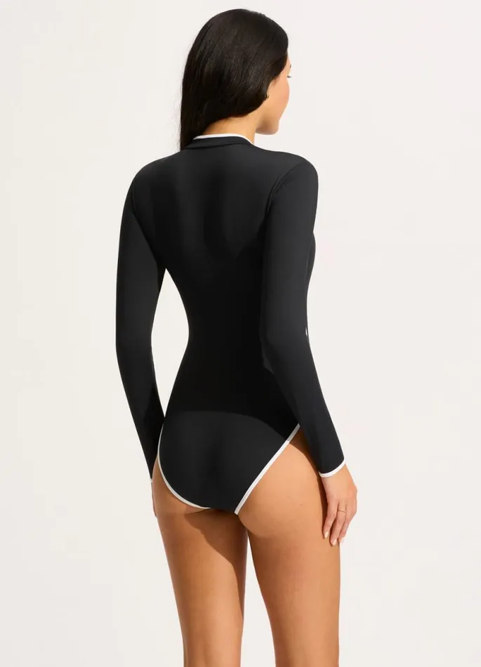 Seafolly Black One Pieces Women Seafolly Collective LongSleeve Zip Front One Piece 8211 Black