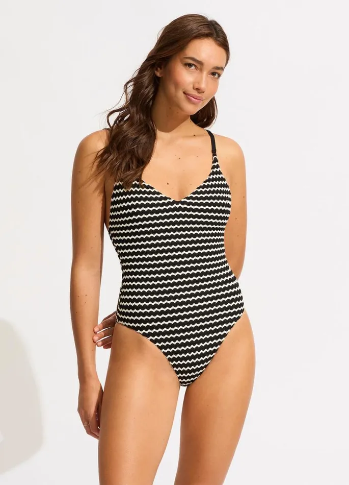 Seafolly V Neck Women Mesh Effect V Neck One Piece 8211 Black