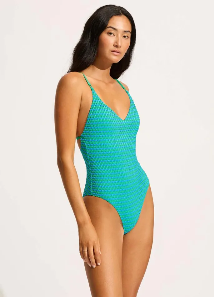 Seafolly V Neck Women Mesh Effect V Neck One Piece 8211 Jade