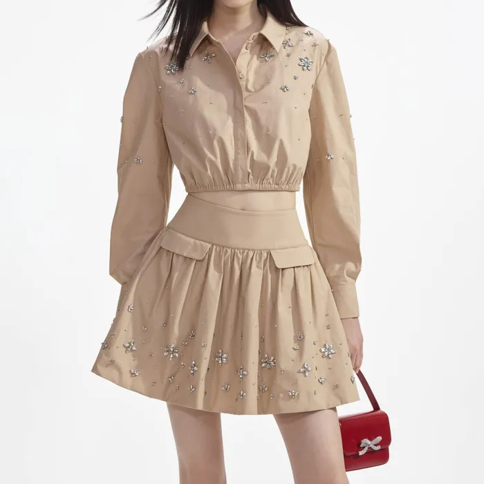 Self Portrait CoOrds Women Beige Cotton Embellished Top