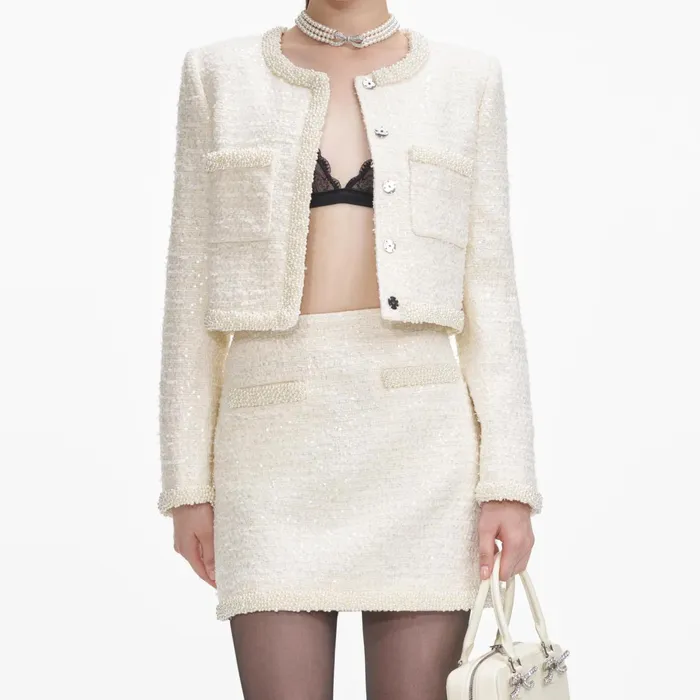 Self Portrait CoOrds Women Cream Boucle Pearl Trim Jacket