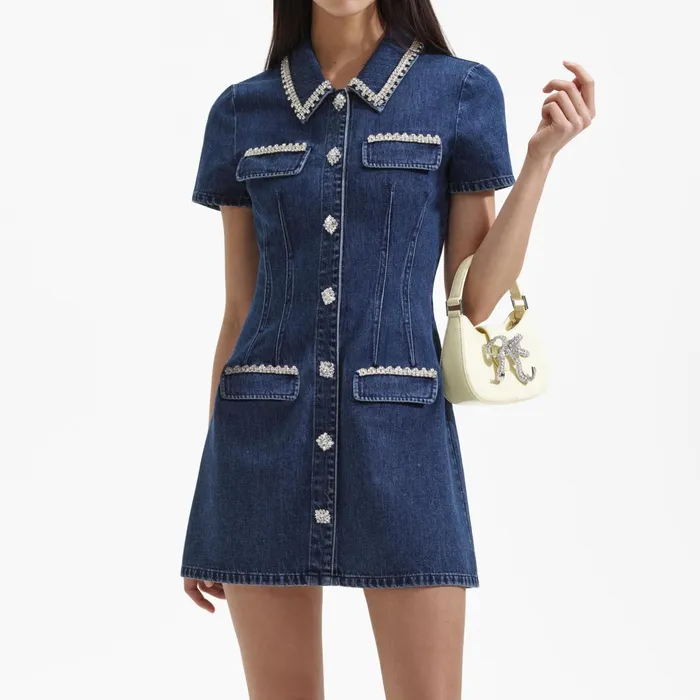 Self Portrait Denim Women Denim Collared Mini Dress