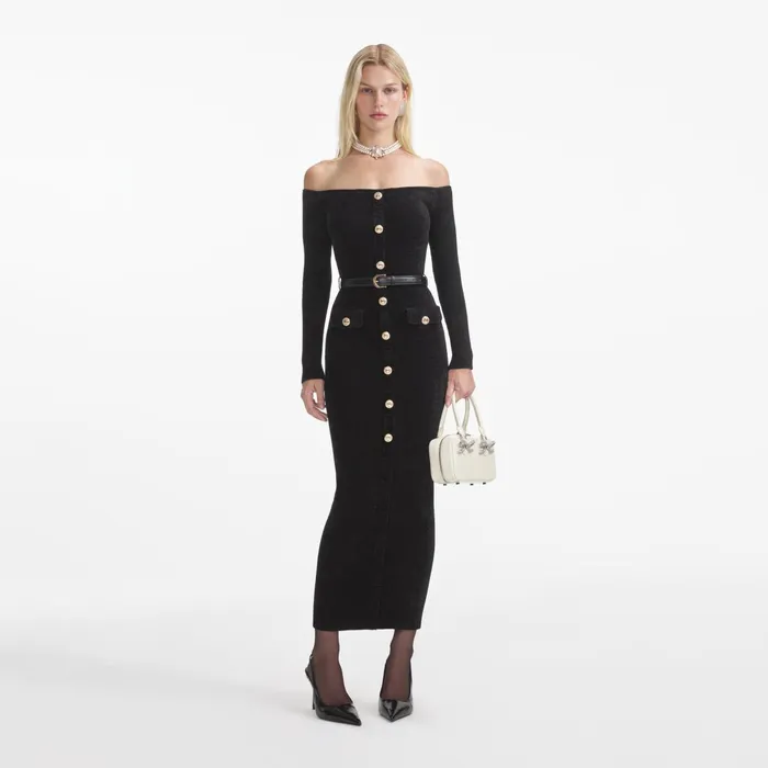 Self Portrait Dresses Women Black Chenille Knit Midi Dress