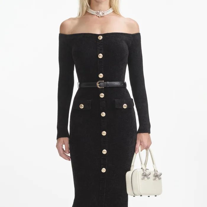 Self Portrait Dresses Women Black Chenille Knit Midi Dress