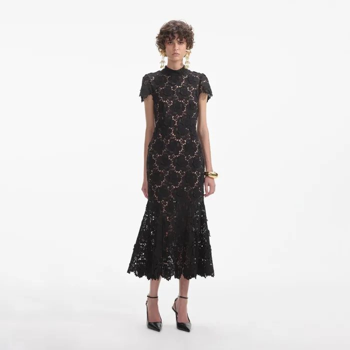 Self Portrait Dresses Women Black Flower Lace Midi Dress Black